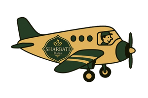 Illustration of a vintage airplane with 'Sharbati Dates' logo on a white background