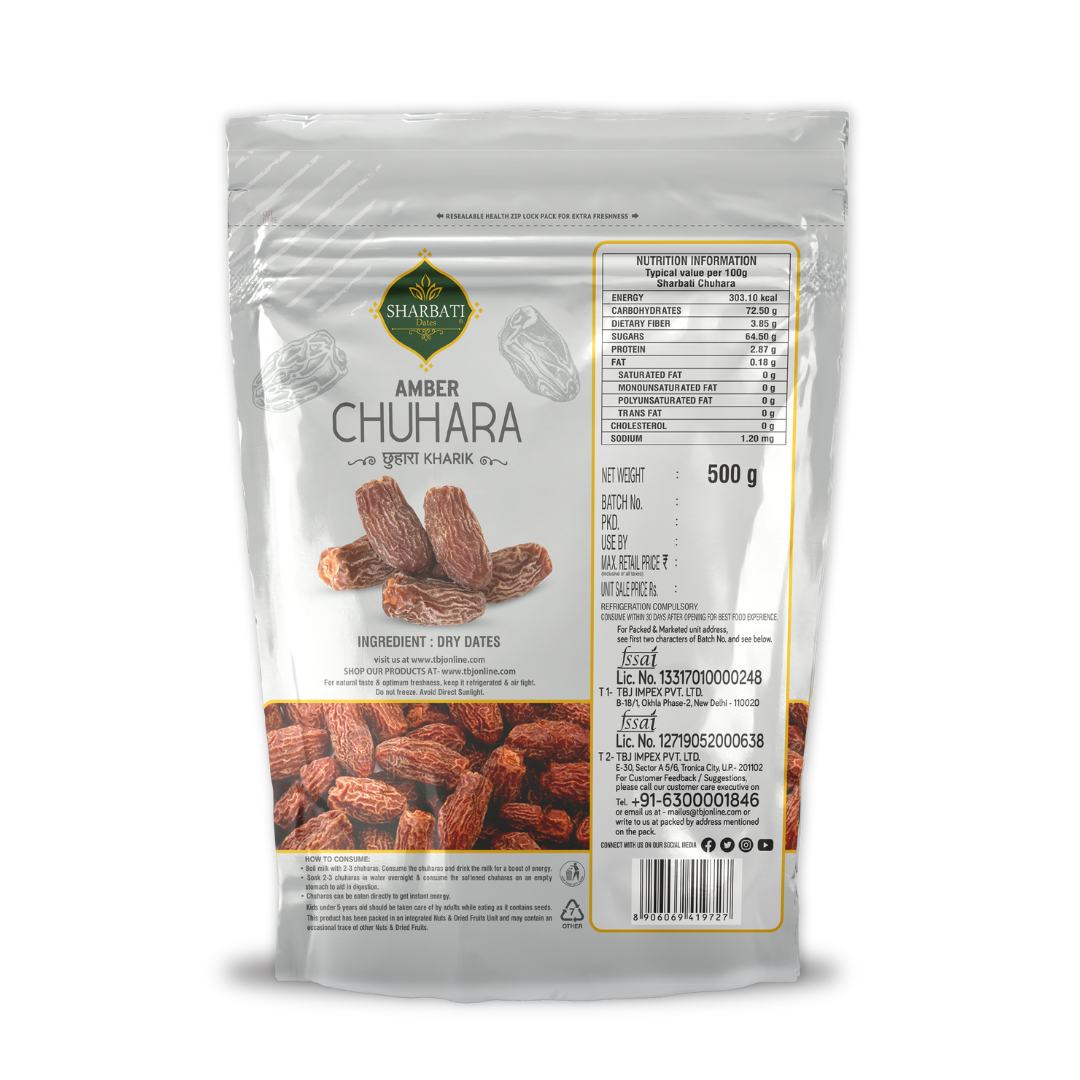 Back view of Amber Chuhara (Kharik) 500g pack displaying nutritional facts, ingredients, and hygienic dry dates packaging details.