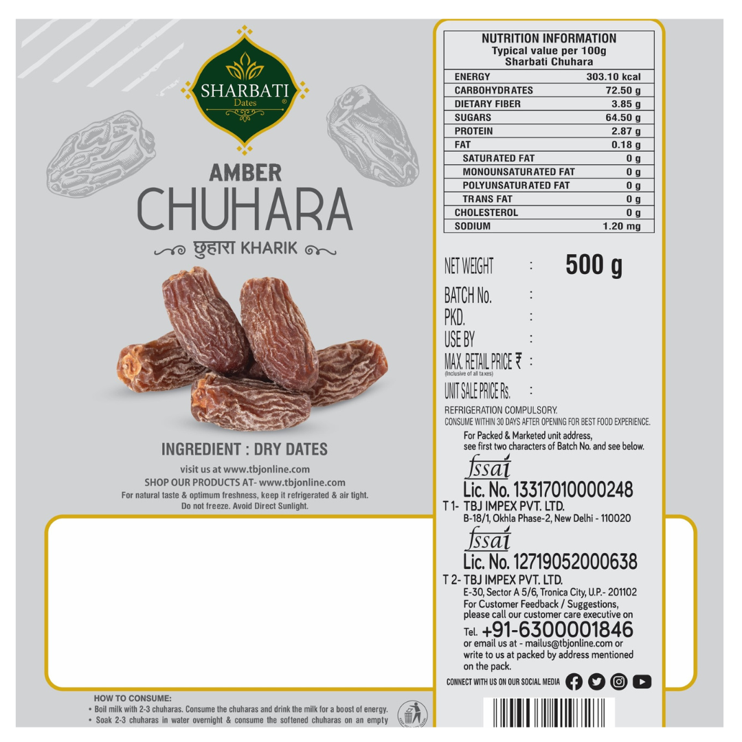 Amber Chuhara (Kharik) 500g information image showing ingredients, nutritional value, storage instructions, and dry dates packaging details.