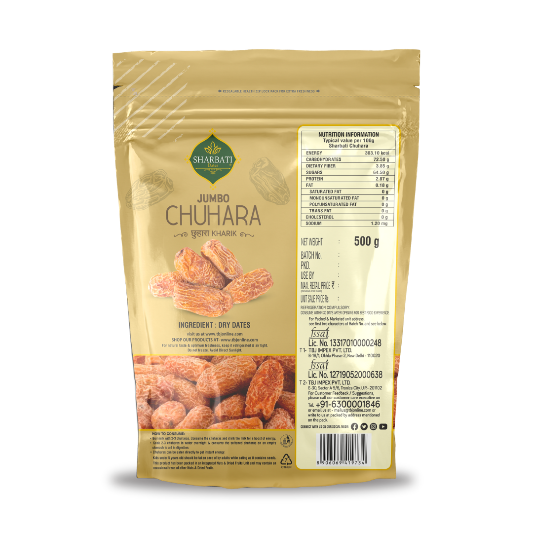 Back view of Jumbo Chuhara 500g pack showing product label, nutritional information, storage guide, and premium dry dates packaging.