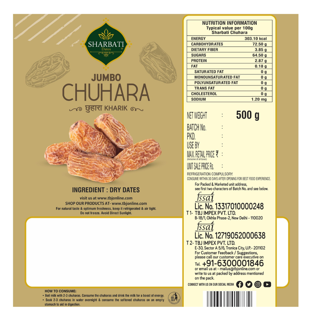 Label of Jumbo Chuhara dry dates with nutritional information and branding details.