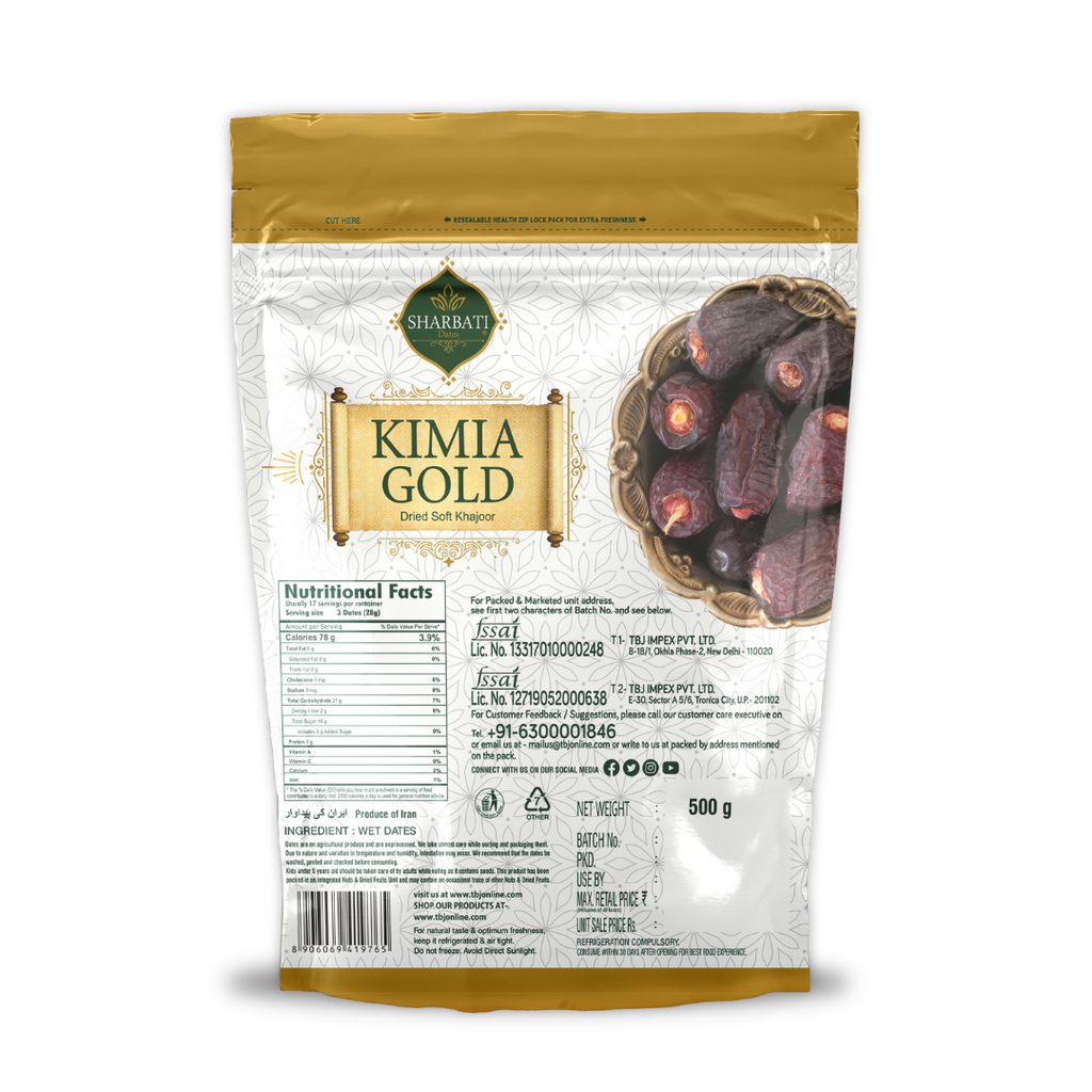 Back view of Kimia Gold Dates 500g pouch showing ingredients, nutritional details, expiry date, and clean packaging design.