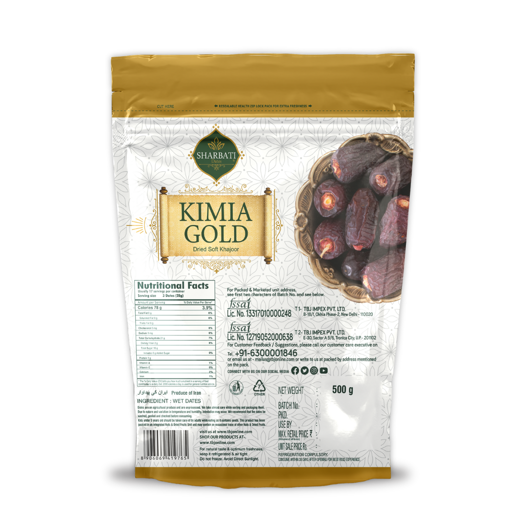 Back view of Kimia Gold Dates 500g pouch showing ingredients, nutritional details, expiry date, and clean packaging design.