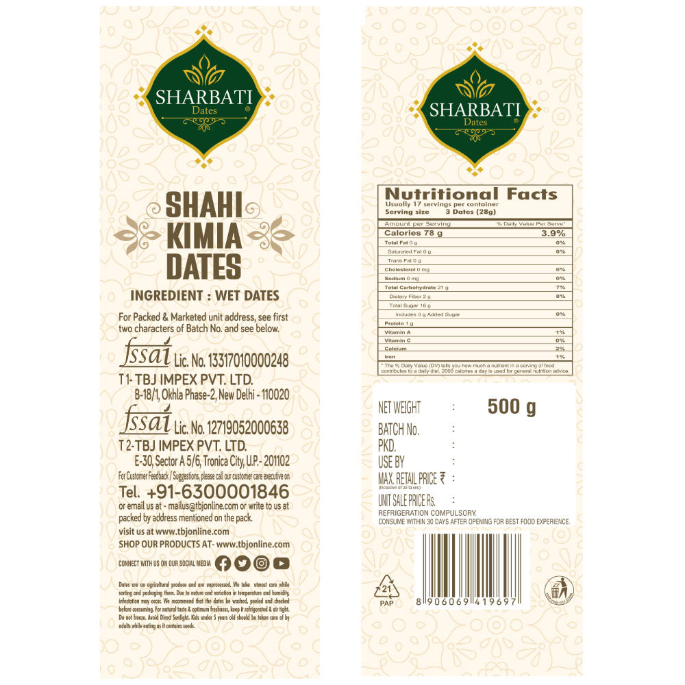 Sharbati Dates packaging with nutritional facts and ingredient list on a white background