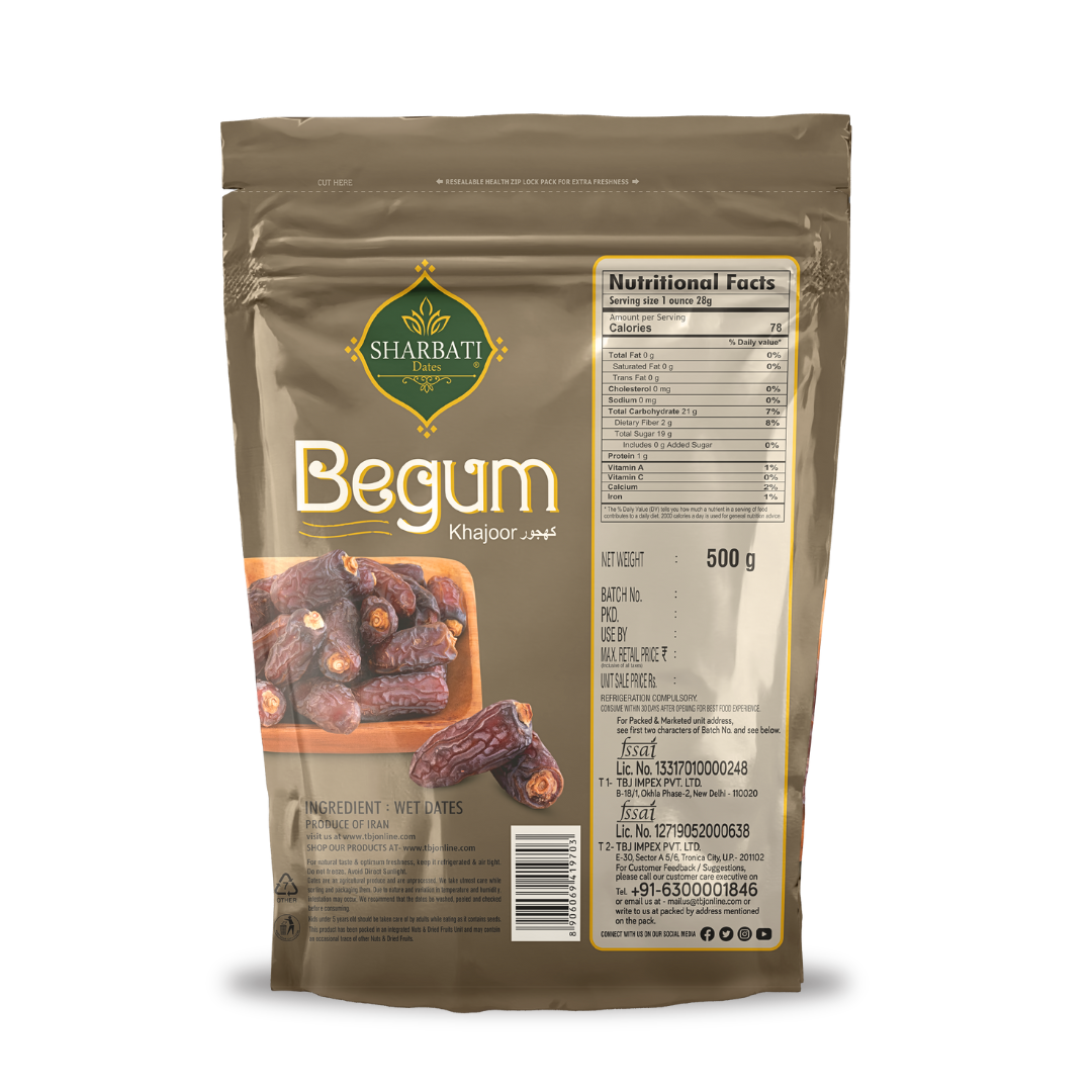Back side of Sharbatidates Begum Khajoor 500g pack showing nutritional values and premium wet dates packaging information.