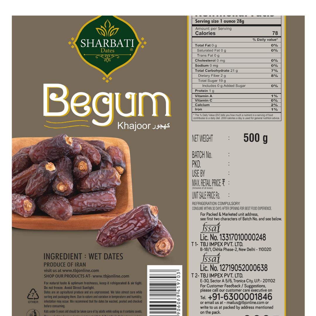 Sharbatidates Begum Khajoor 500g information image showing nutritional facts, ingredients, packaging details, and product label.