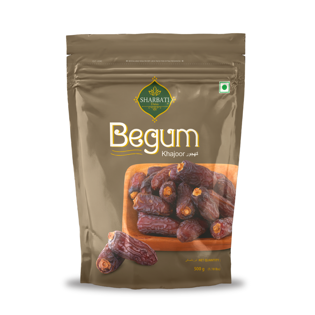 Sharbatidates Begum Khajoor 500g – soft and juicy premium dates rich in antioxidants, ideal for fasting, gifting, and healthy lifestyle.