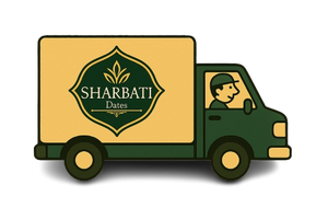 Illustration of a delivery truck with 'Sharbati Dates' logo on a white background