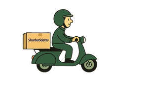 Illustration of a delivery person on a scooter with a box labeled 'Sharbatidates' on a white background